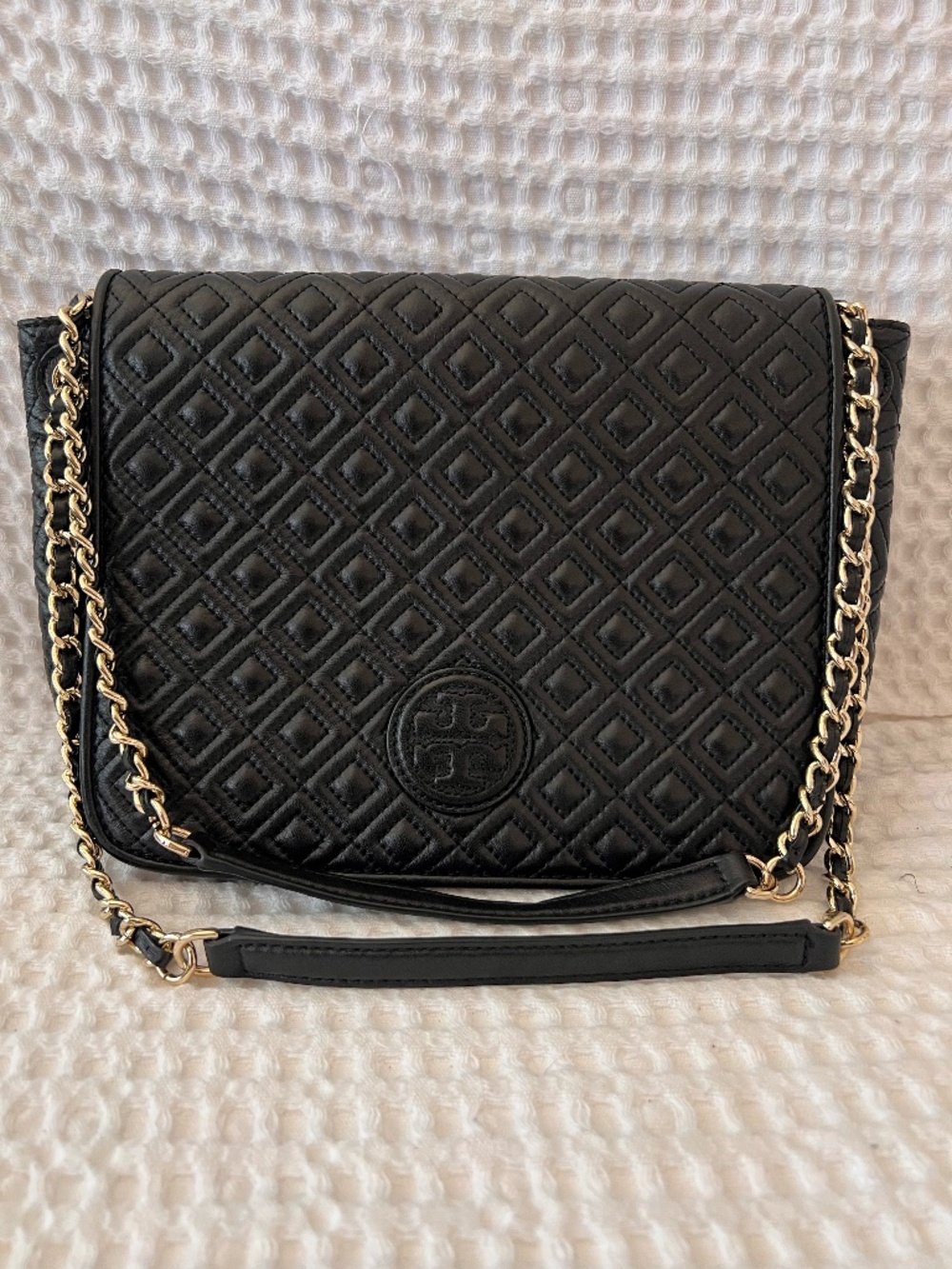 Tory Burch Marion Quilted Flap Shoulder Bag Black Leather Gold Chain Crossbody